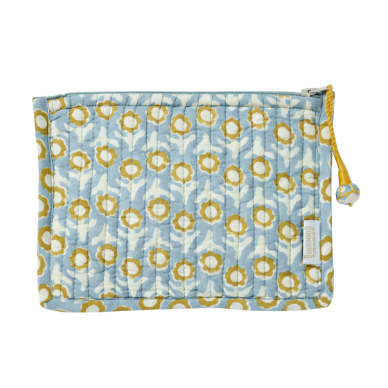 Quilted Indian Flower Printed Small Pouch Isha Blue