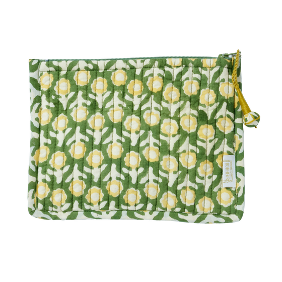 Quilted Indian Flower Printed Small Pouch Isha Green